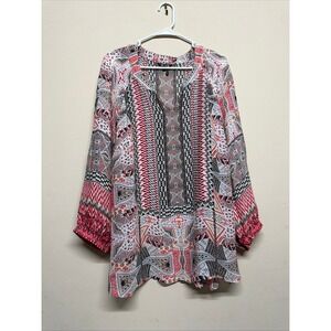 NIC+ZOE 1X Geometric Print Tunic Blouse Long Sleeve Boho Chic Tribal Sheer
